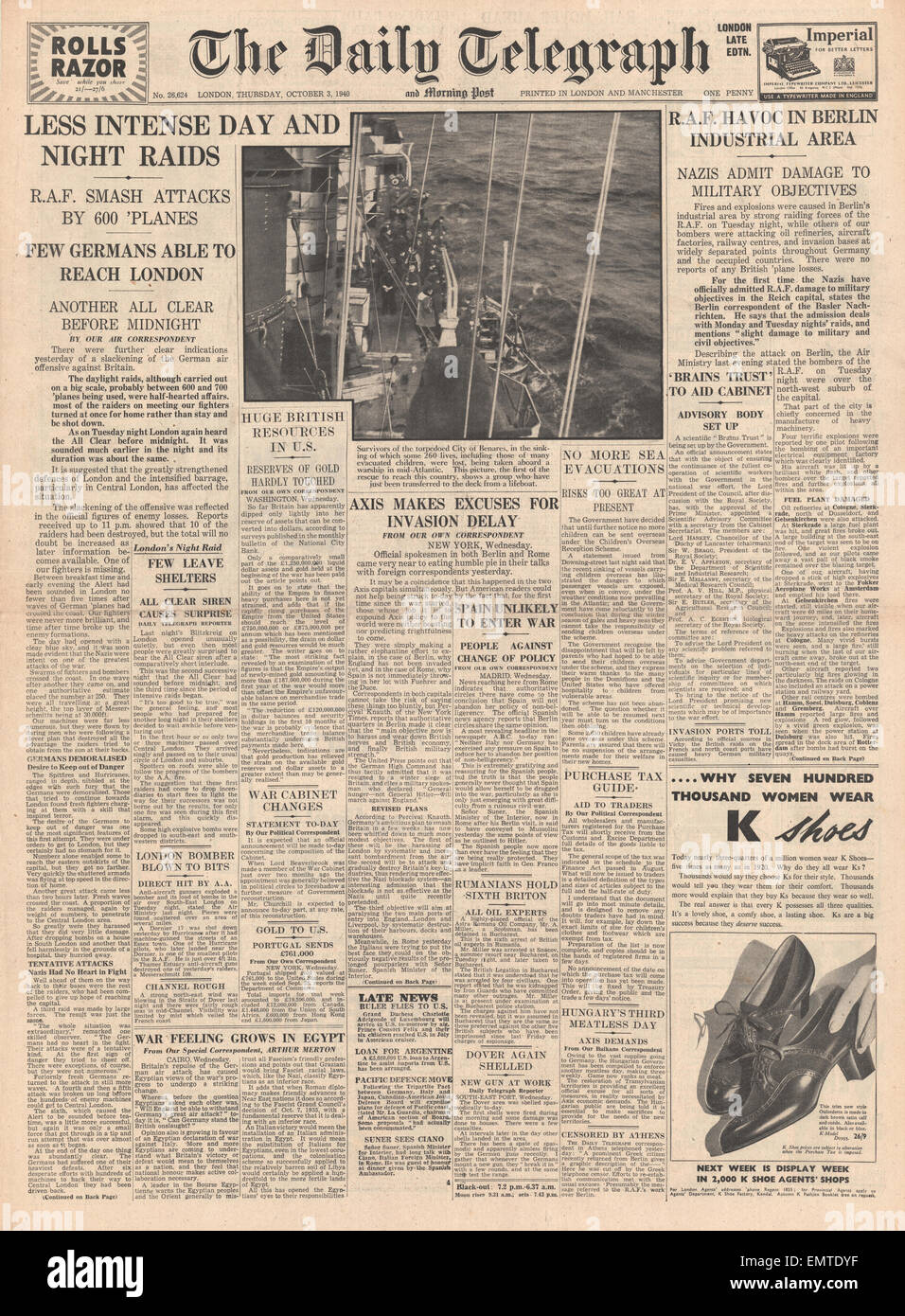 1940 front page Daily Telegraph Night Day bombing raids over Britain RAF bomb Berlin industrial areas Stock Photo