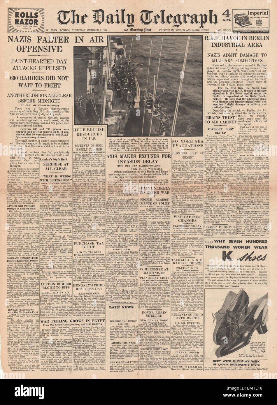 1940 front page Daily Telegraph Night Day bombing raids over Britain RAF bomb Berlin industrial areas Stock Photo