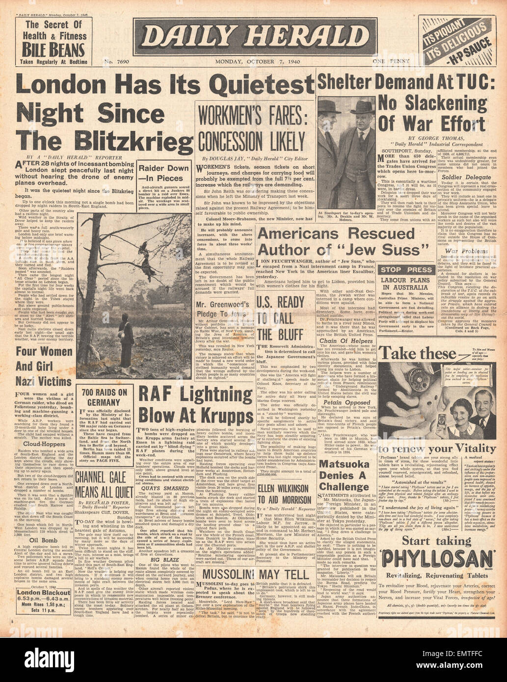 1940 front page Daily Herald London has quietest night since the Blitzkrieg Stock Photo
