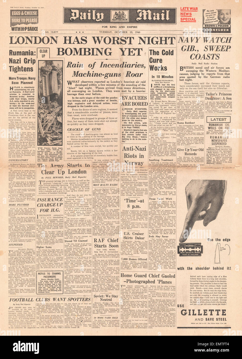 1940 front page Daily Mail London has worst night of Bombing by the Luftwaffe Stock Photo