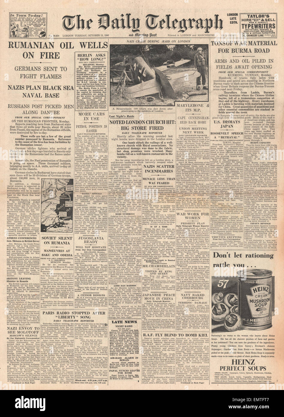 1940 front page Daily Telegraph Romanian oil fields on fire more German Air Raids on London Stock Photo