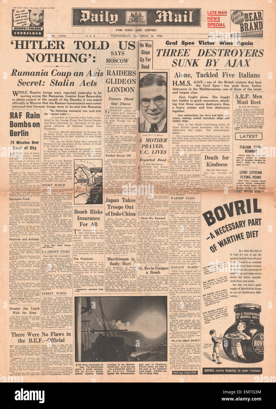 1940 front page Daily Mail HMS Ajax sinks Italian Warships Ariel, Airone Artigliere at the battle of Cape Passero Stock Photo