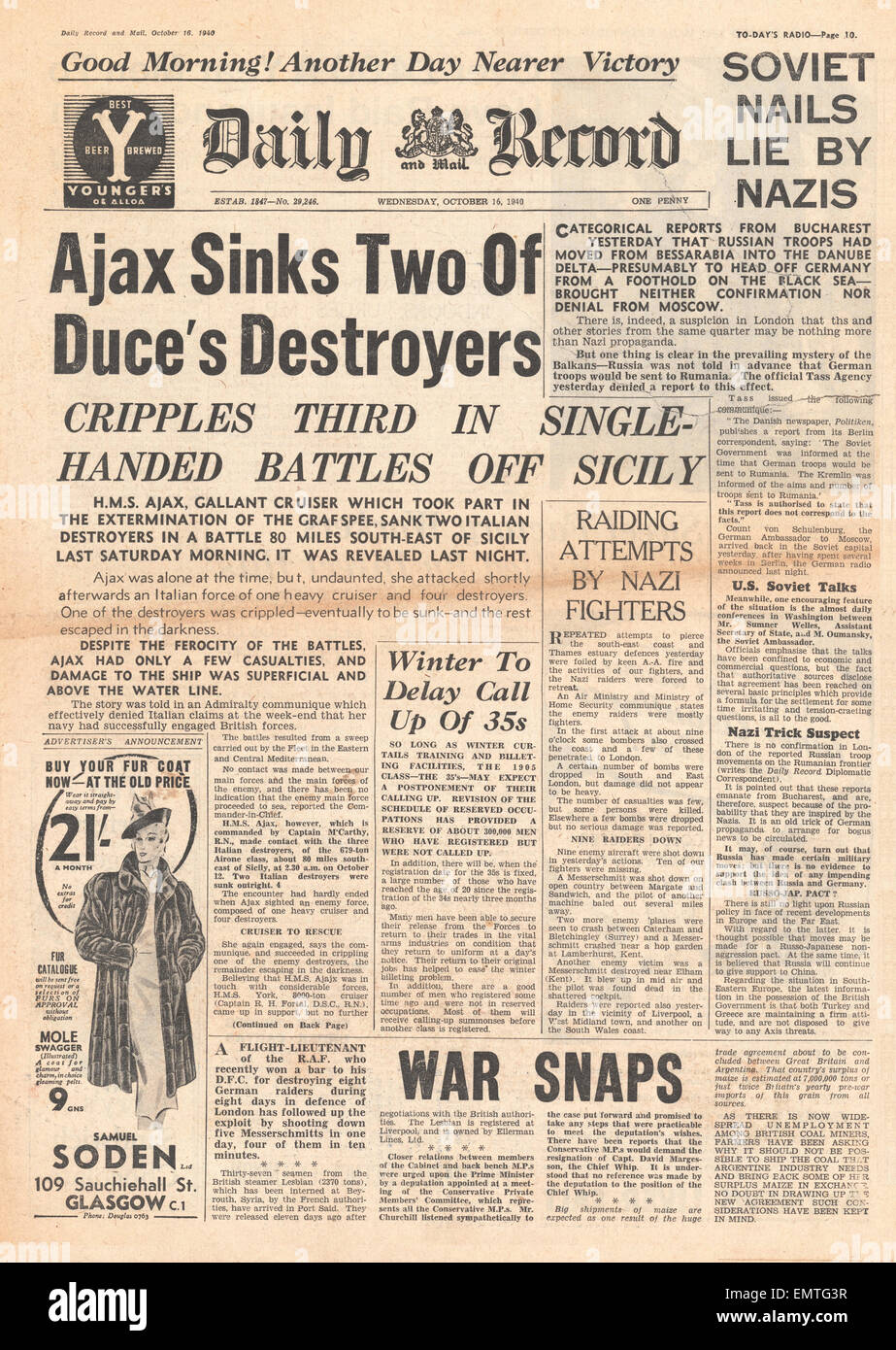 1940 front page Daily Record HMS Ajax sinks Italian Warships Ariel, Airone Artigliere at the battle of Cape Passero Stock Photo