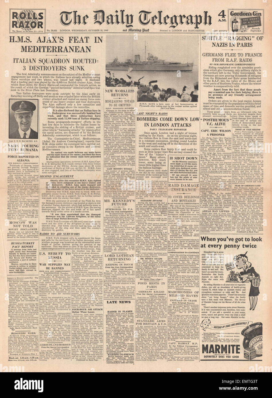 1940 front page Daily Telegraph HMS Ajax sinks Italian Warships Ariel, Airone Artigliere at the battle of Cape Passero Stock Photo