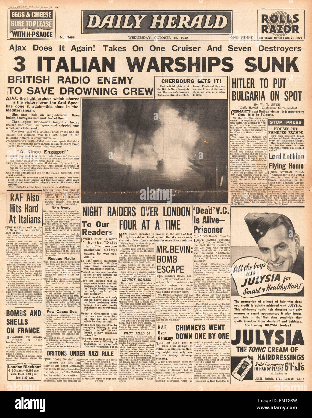 1940 front page Daily Herald HMS Ajax sinks Italian Warships Ariel, Airone Artigliere at the battle of Cape Passero Stock Photo