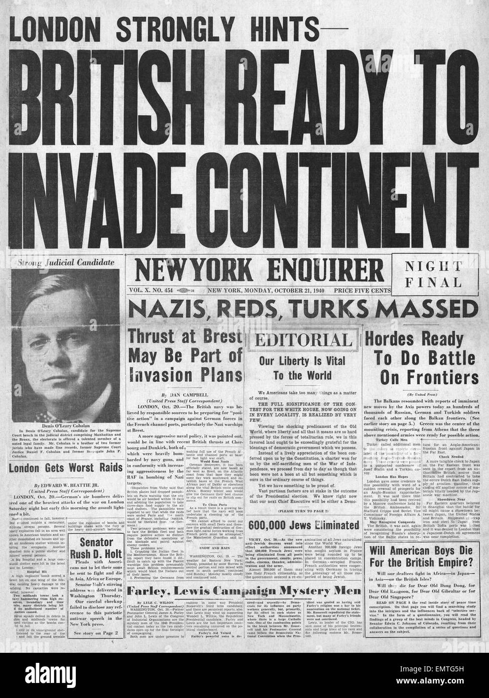 1940 front page New York Enquirer British ready to Invade Continent rumour  Stock Photo - Alamy