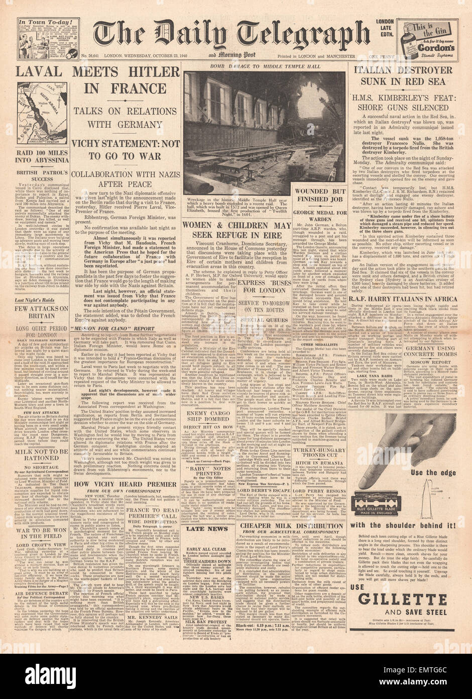 1940 front page Daily Telegraph French Deputy Premier Pierre Laval ...