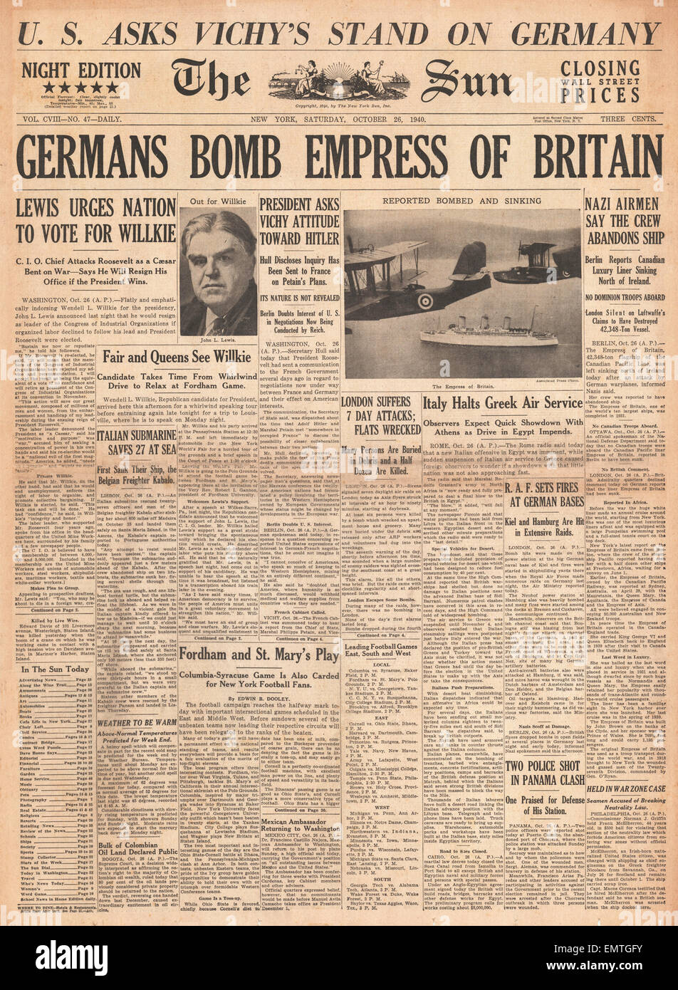 1940 front page The Sun (New York) German Bomber attack RMS Empress of Britain Stock Photo
