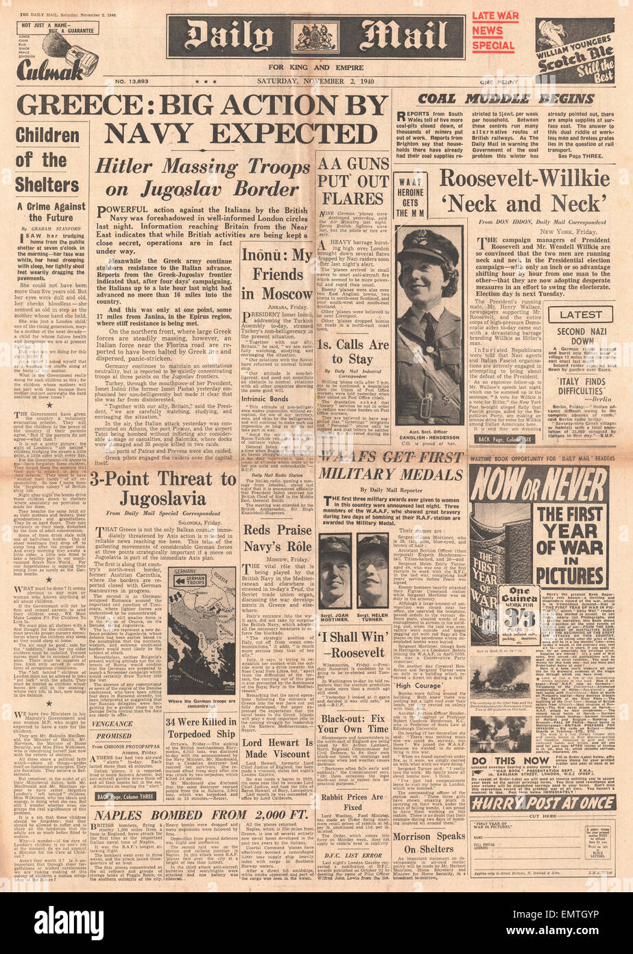 1940 front page Daily Mail Royal Navy action against Italy Stock Photo