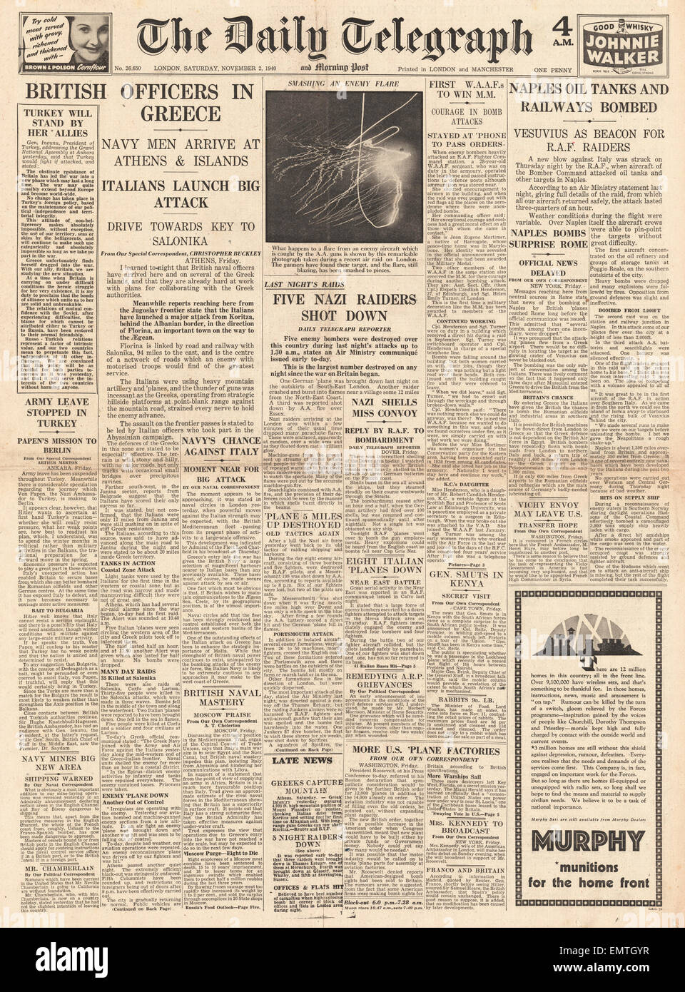 1940 front page Daily Telegraph British naval officers in Greece air raids on Britain Stock Photo