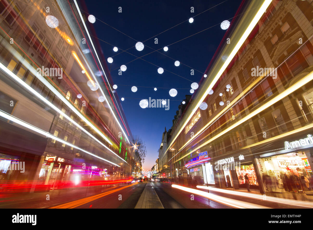 Light trails on Oxford Street in London with Christmas lights Stock