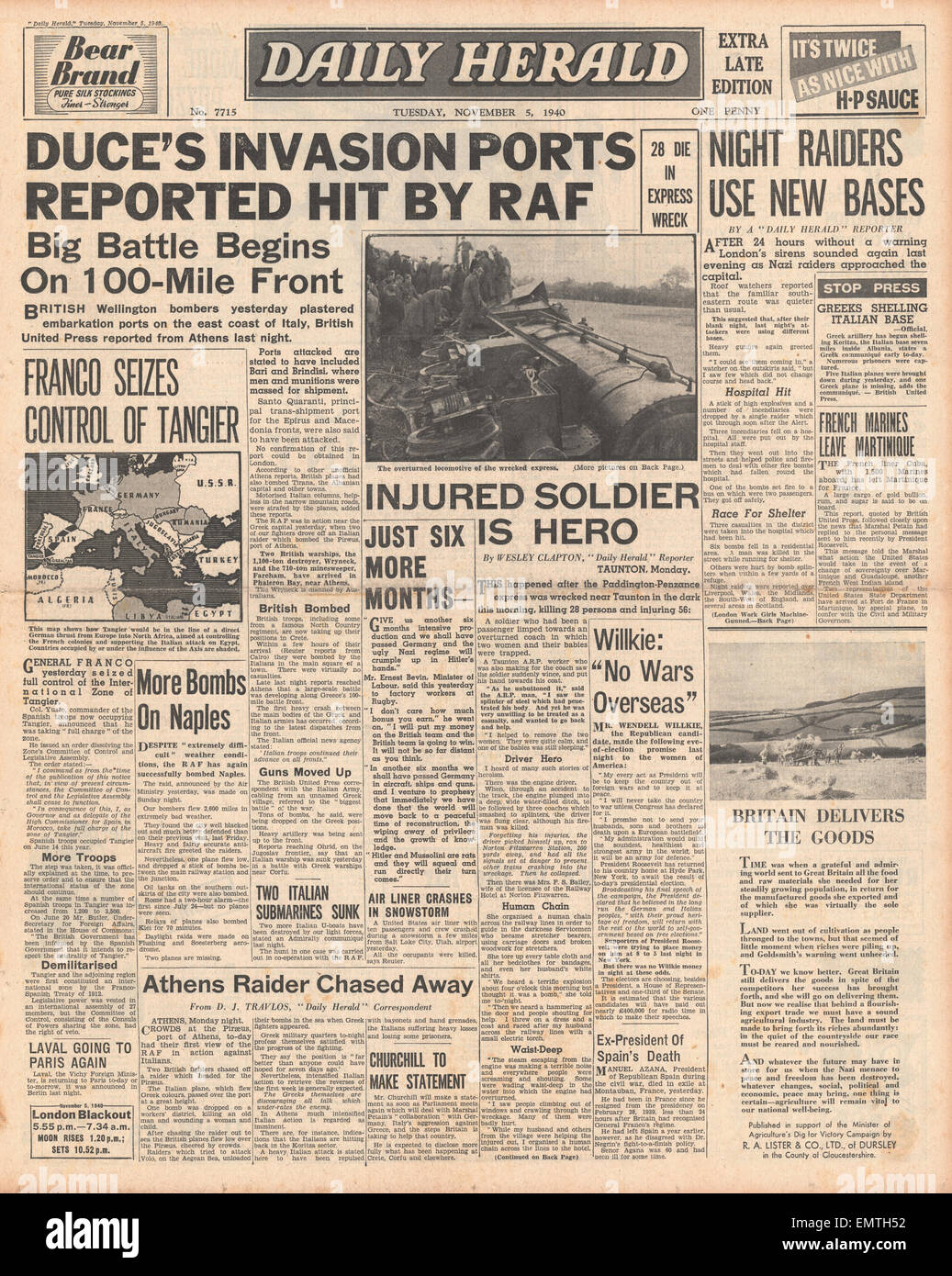 1940 front page Daily Herald RAF Wellington bombers hit Italian naval ports Train disaster at Norton Fitzwarren Stock Photo