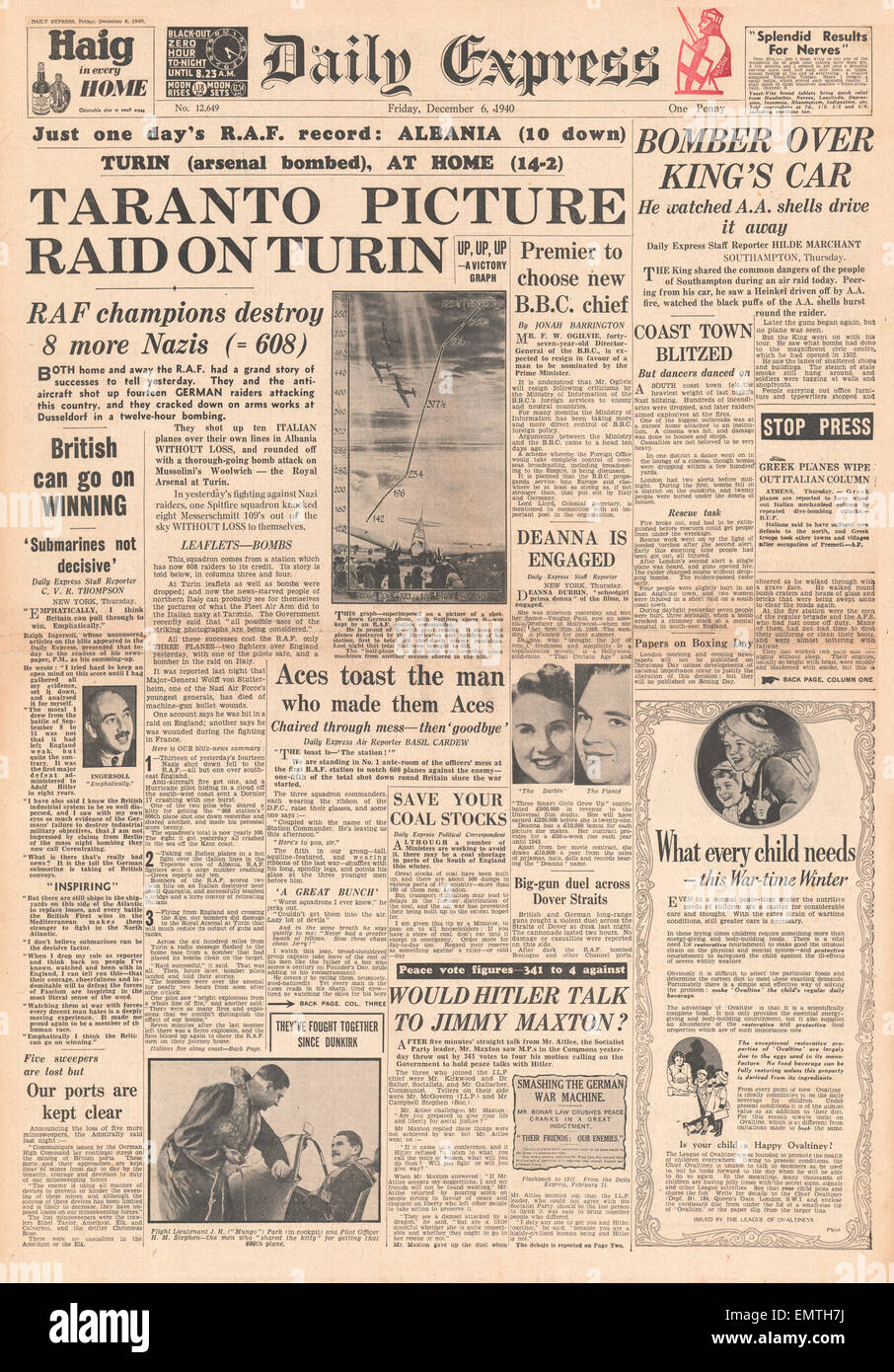 1940 front page Daily Express RAF Raid on Turin coastal raids against Britain Stock Photo