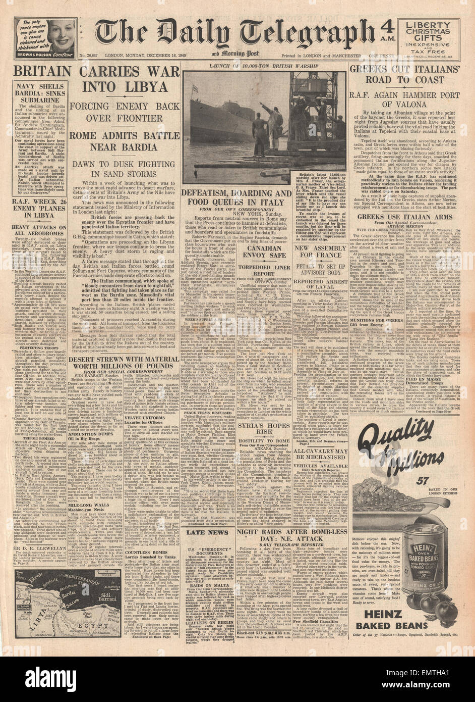 1940 daily telegraph front page hi-res stock photography and images - Alamy