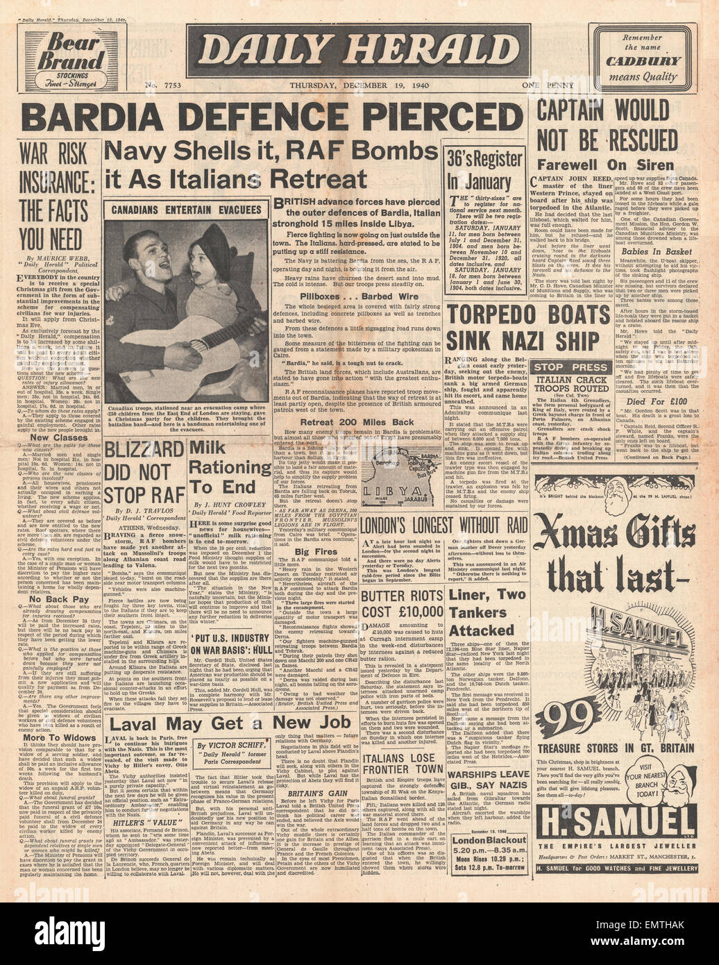 1940 front page Daily Herald British Tanks lead attack on Italian base of Bardia Liner Western Prince sunk by submarine U-96 Stock Photo