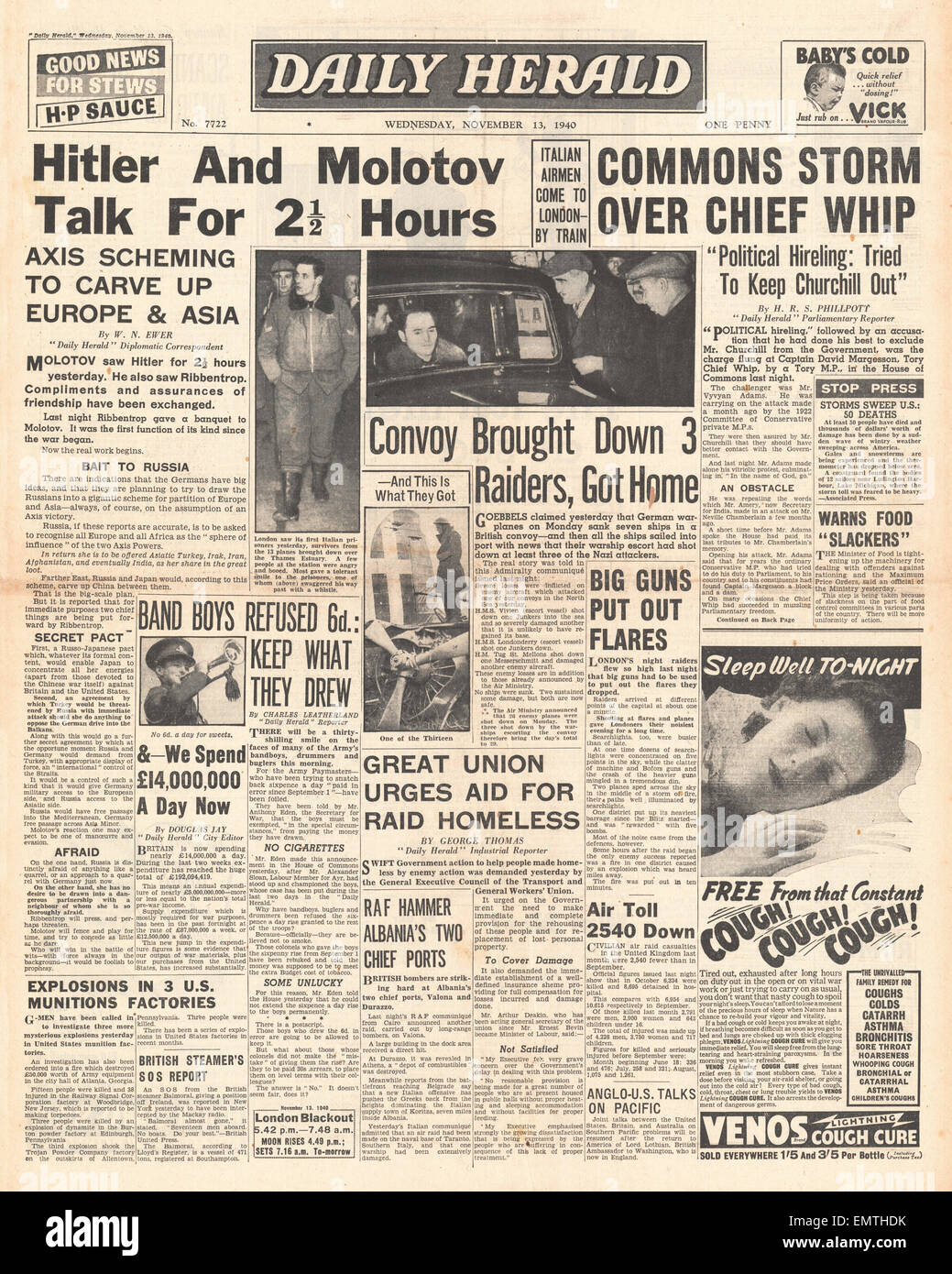 1940 front page Daily Herald Hitler Molotov meet in Berlin Stock Photo