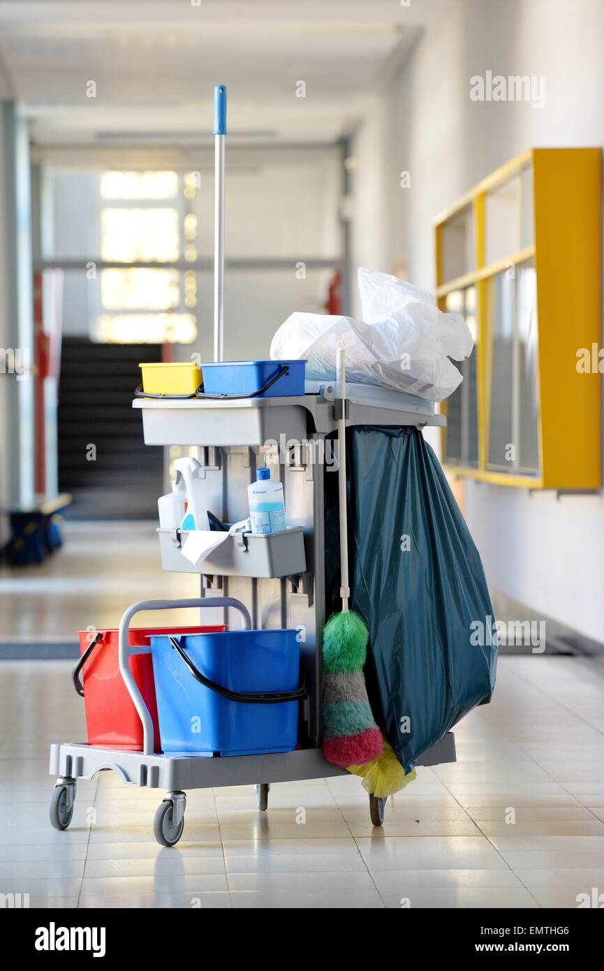 Work equipment of a cleaning lady on a corridor, Germany, city of Osterode, 15. April 2015. Photo: Frank May/picture alliance Stock Photo