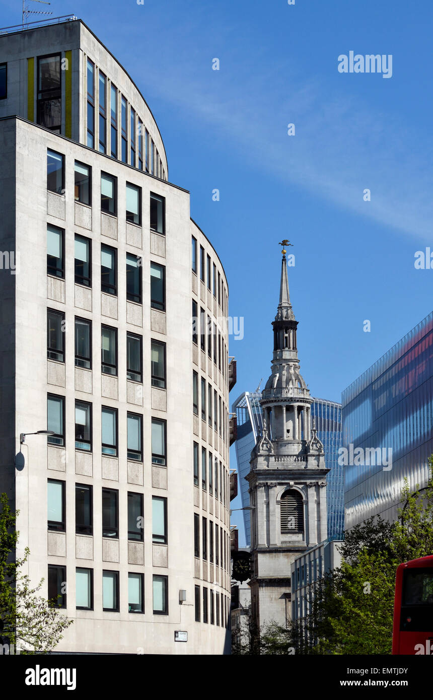 London, England, UK. St Mary-le-Bow church among modern buildings in the City Stock Photo