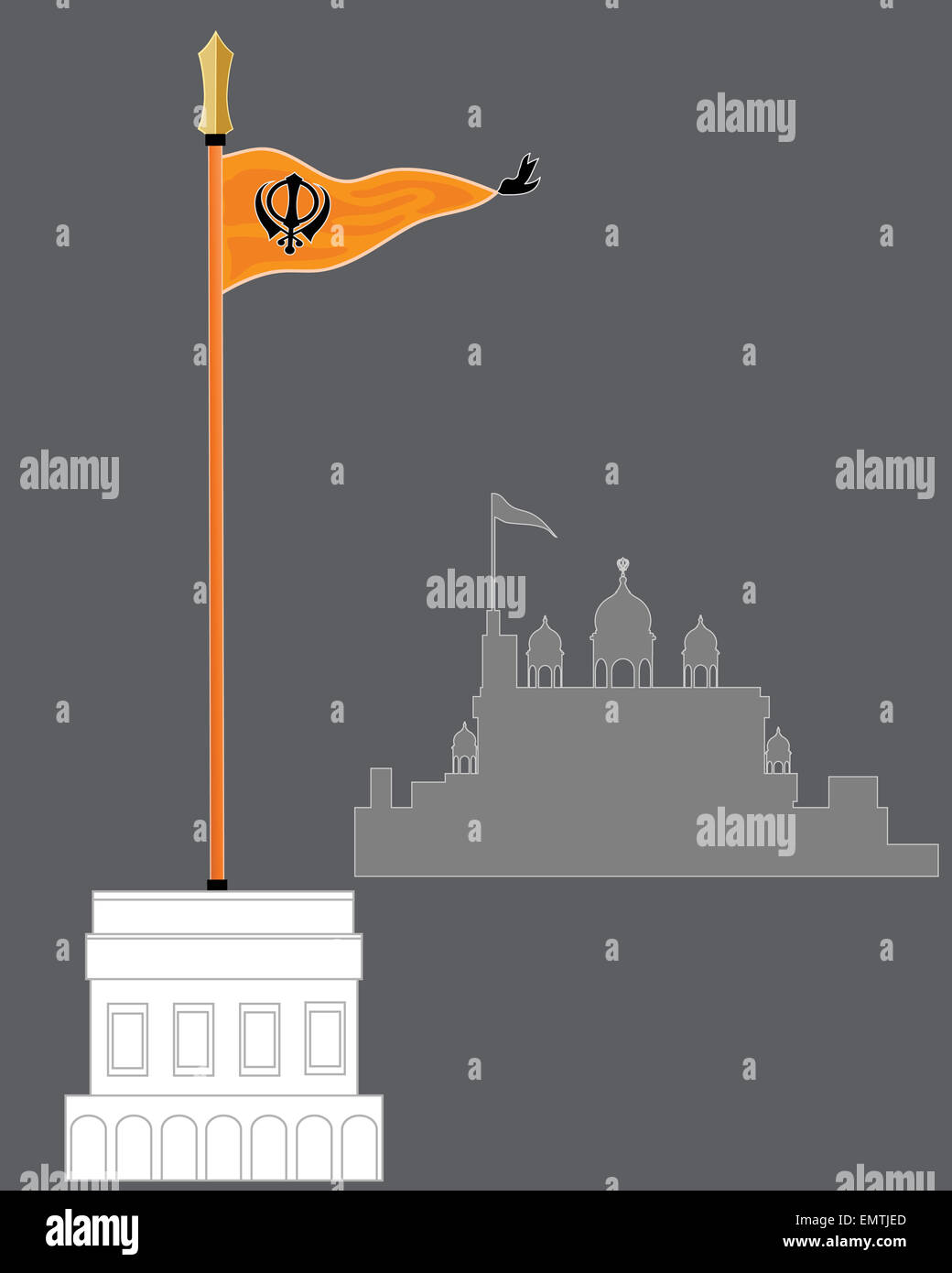 an illustration of the Sikh flag called Nishan Sahib on a white marble pedestal with abstract gurdwara on a gray background Stock Photo