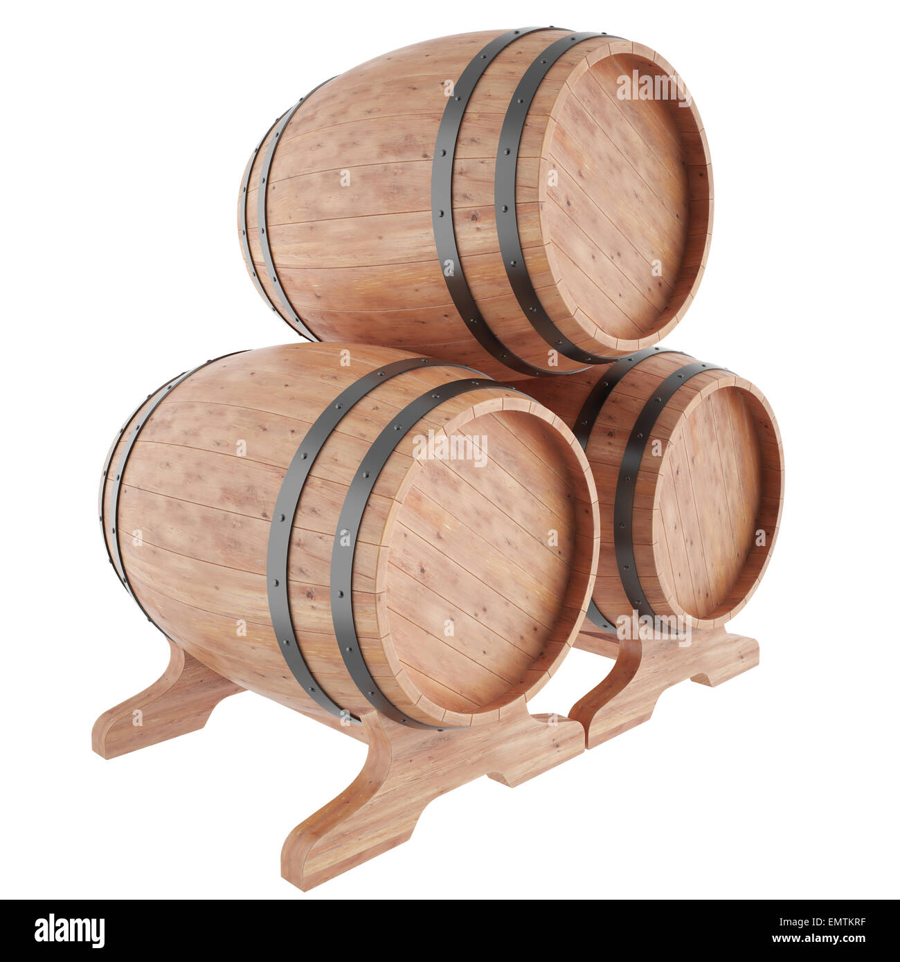 Wine, whiskey, rum, beer, barrels isolated on white background. 3d