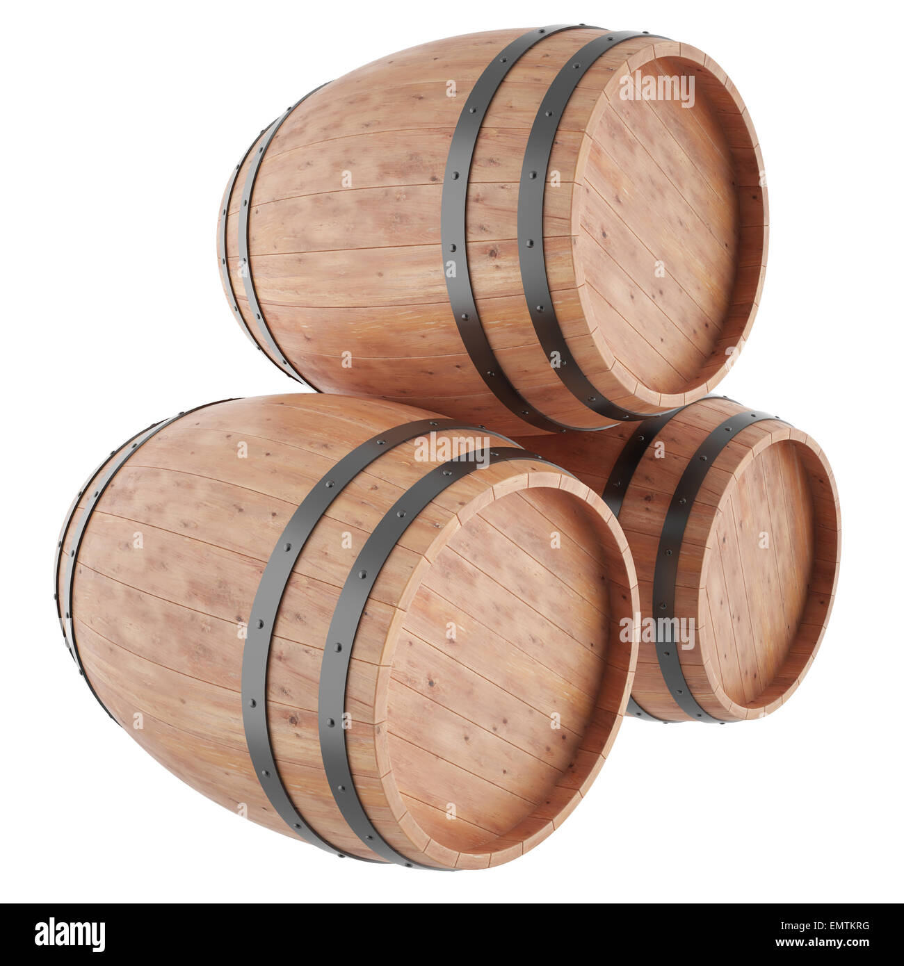 Wine, whiskey, rum, beer, barrels isolated on white background. 3d