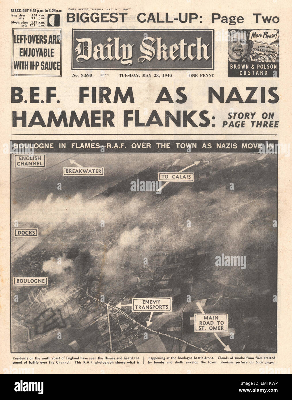 1940 front page Daily Sketch BEF hold firm Boulogne in flames Stock Photo