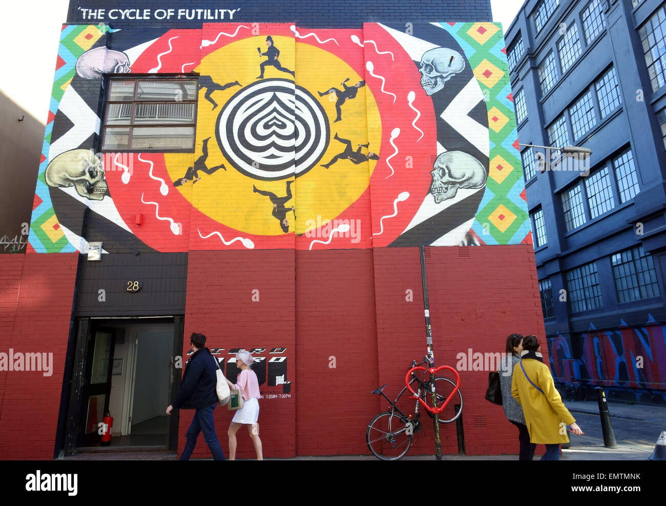 The Cycle of Futility graffito by INSA in Redchurch Street, Shoreditch, is animated with a downloadable Smartphone app, London Stock Photo
