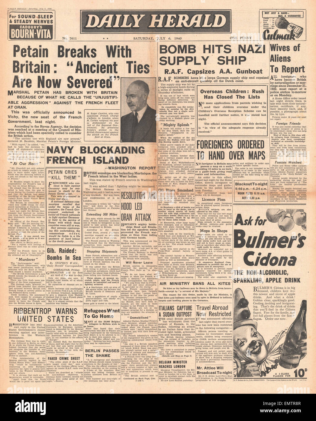 1940 front page Daily Herald  Marshal Petain severs ties with Britain after French Navy attacked by Royal Navy at Oran Stock Photo