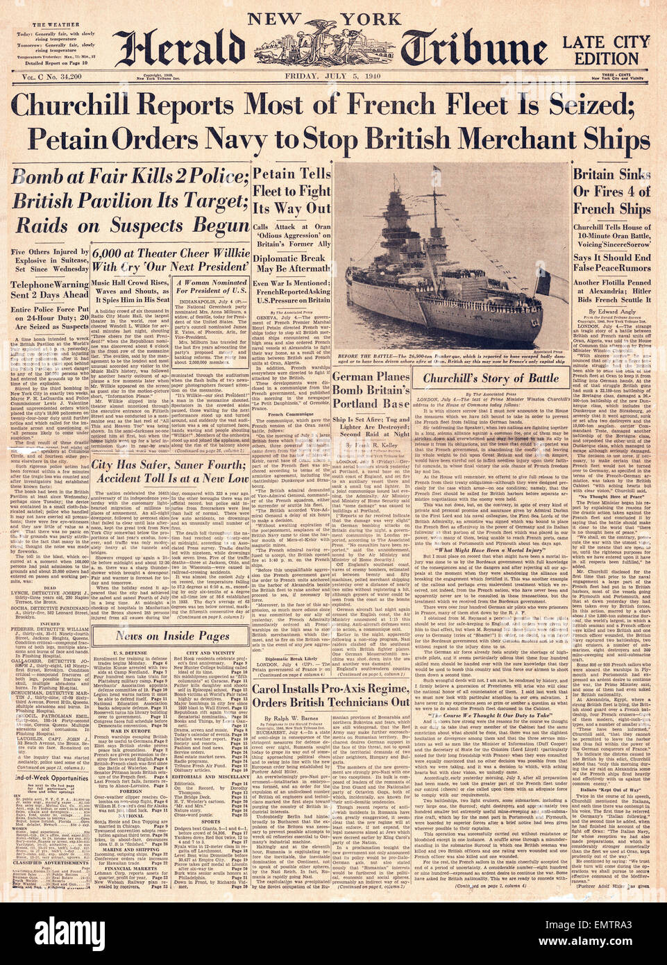 1940 front page New York Herald Tribune French Navy attacked by Royal Navy at Oran (Mers-el-Kebir) Stock Photo