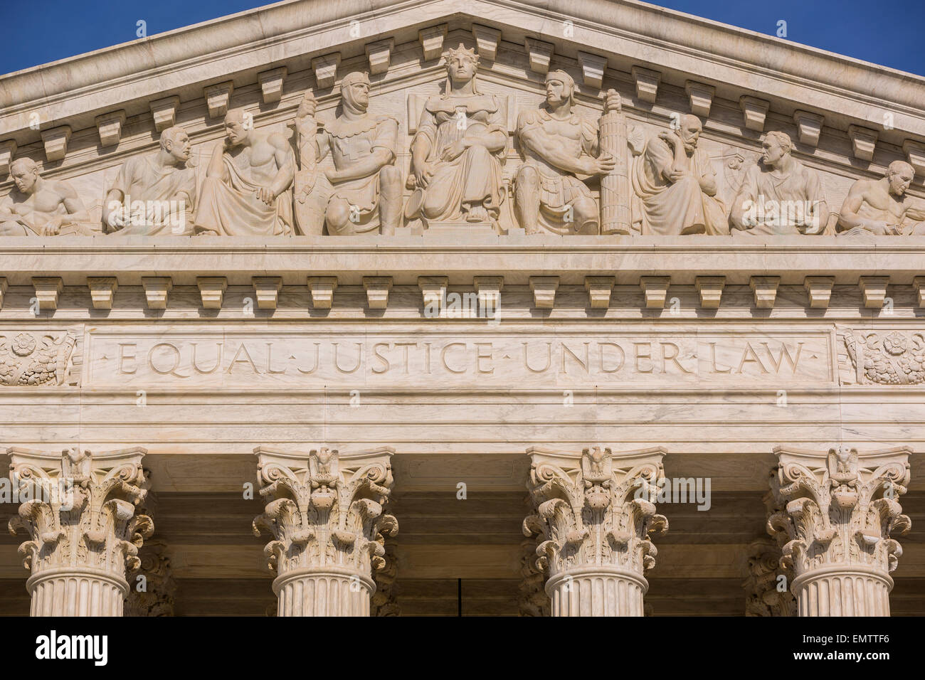 WASHINGTON, DC, USA - Equal Justice Under Law phrase engraved on front of United States Supreme Court building exterior. Stock Photo