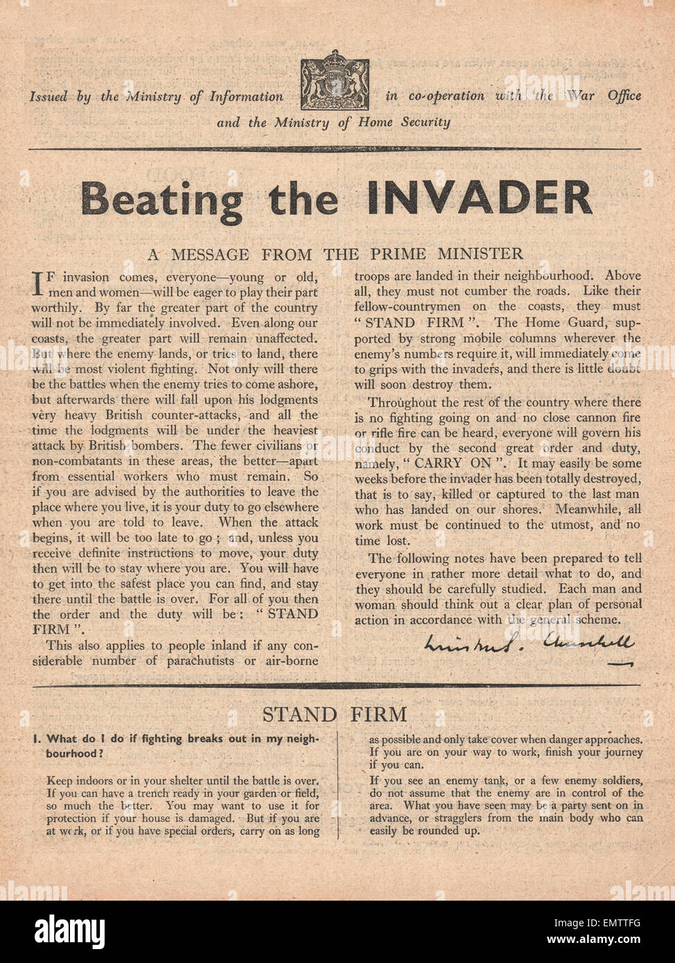 1940 Government 'Beating the Invader' pamphlet with message from Prime Minister Winston Churchill on public procedure after an Stock Photo