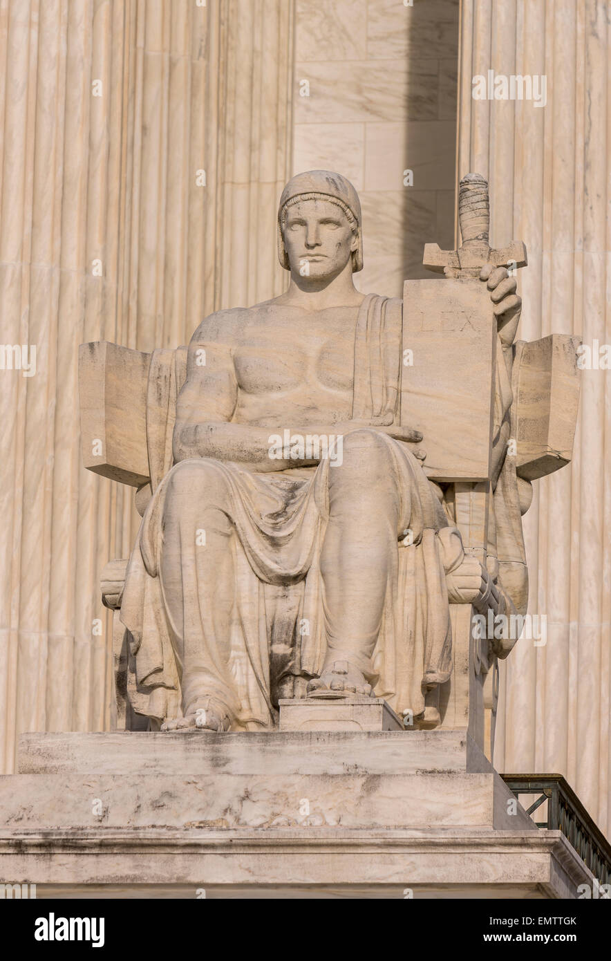 WASHINGTON, DC, USA - United States Supreme Court building exterior. 'Authority of Law' sculpture by James Earle Fraser. Stock Photo