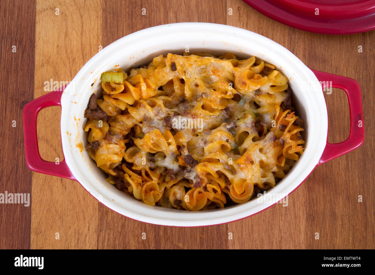 beef and cheese rotinis  spiral pasta dish on table Stock Photo