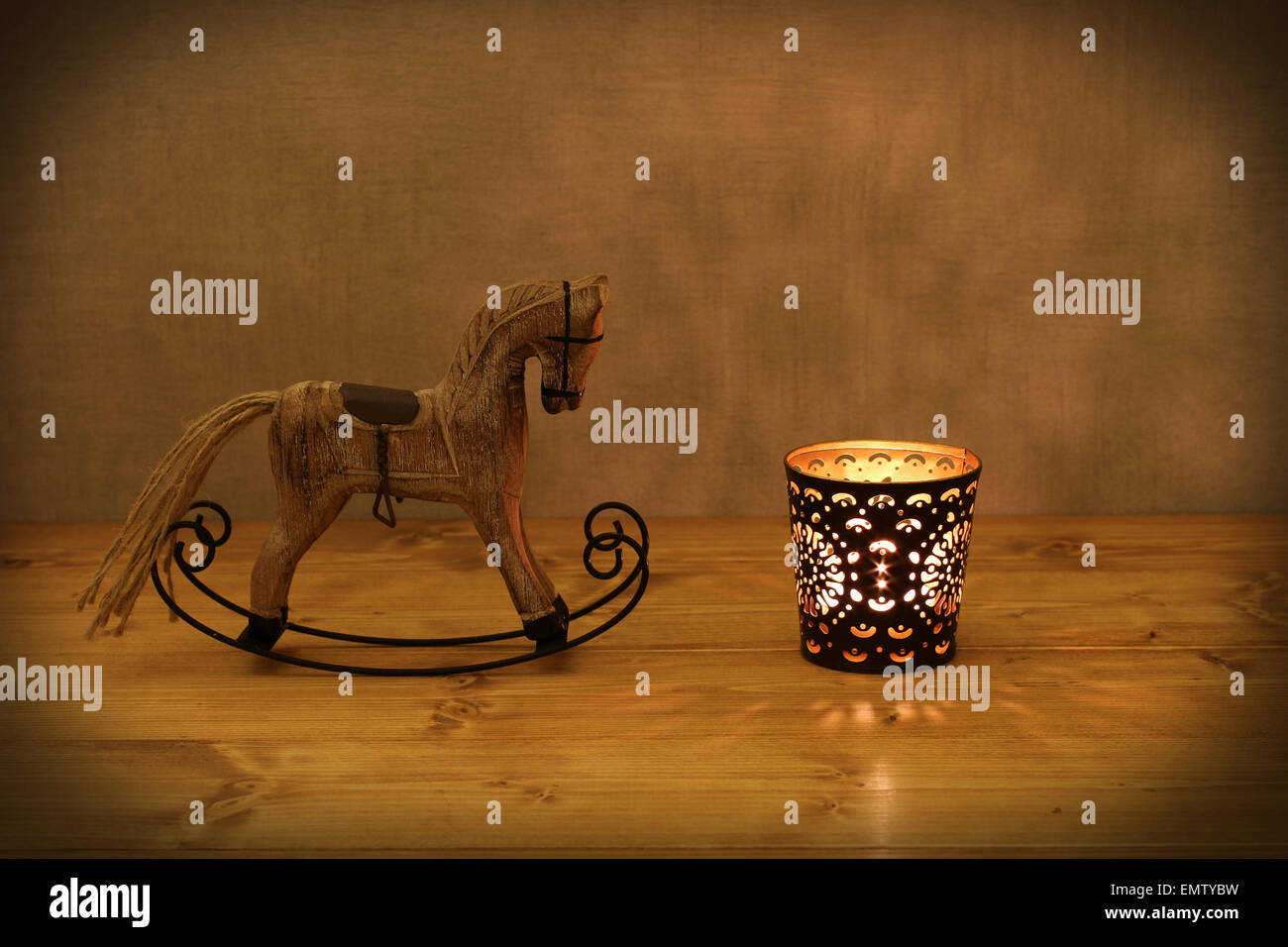 Christmas Decoration Wooden Toy Rocking Horse And Candle In
