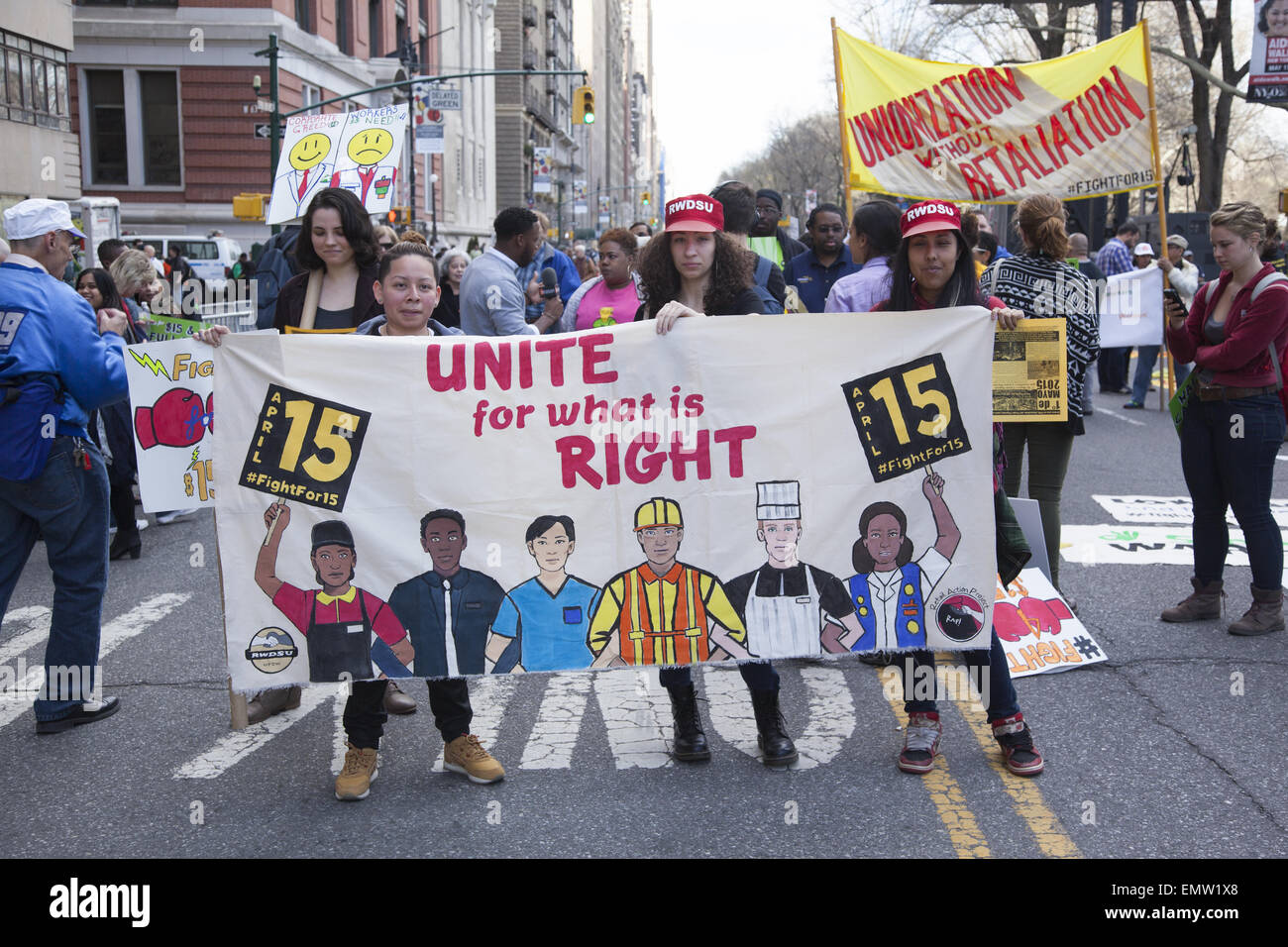 Various unions, fast food workers, home healthcare providers & others rallied in NY City for a $15 living minimum wage. Stock Photo