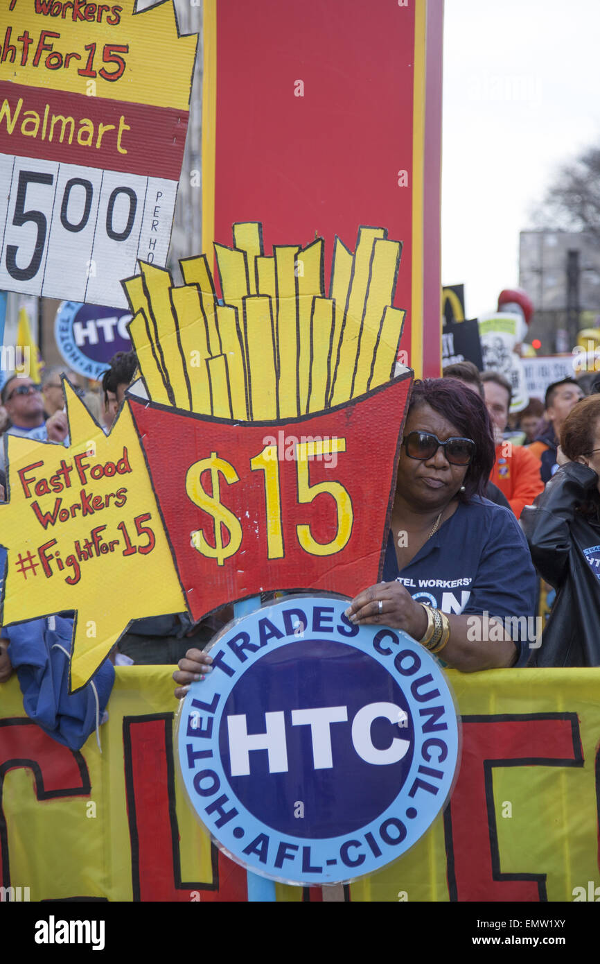 Various unions, fast food workers, home healthcare providers & others rallied in NY City for a $15 living minimum wage. Stock Photo