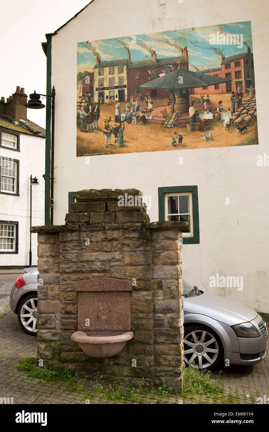 UK, Cumbria, Workington, Wilson Street Lamport 1859 water fountain, and market cross mural on wall Stock Photo