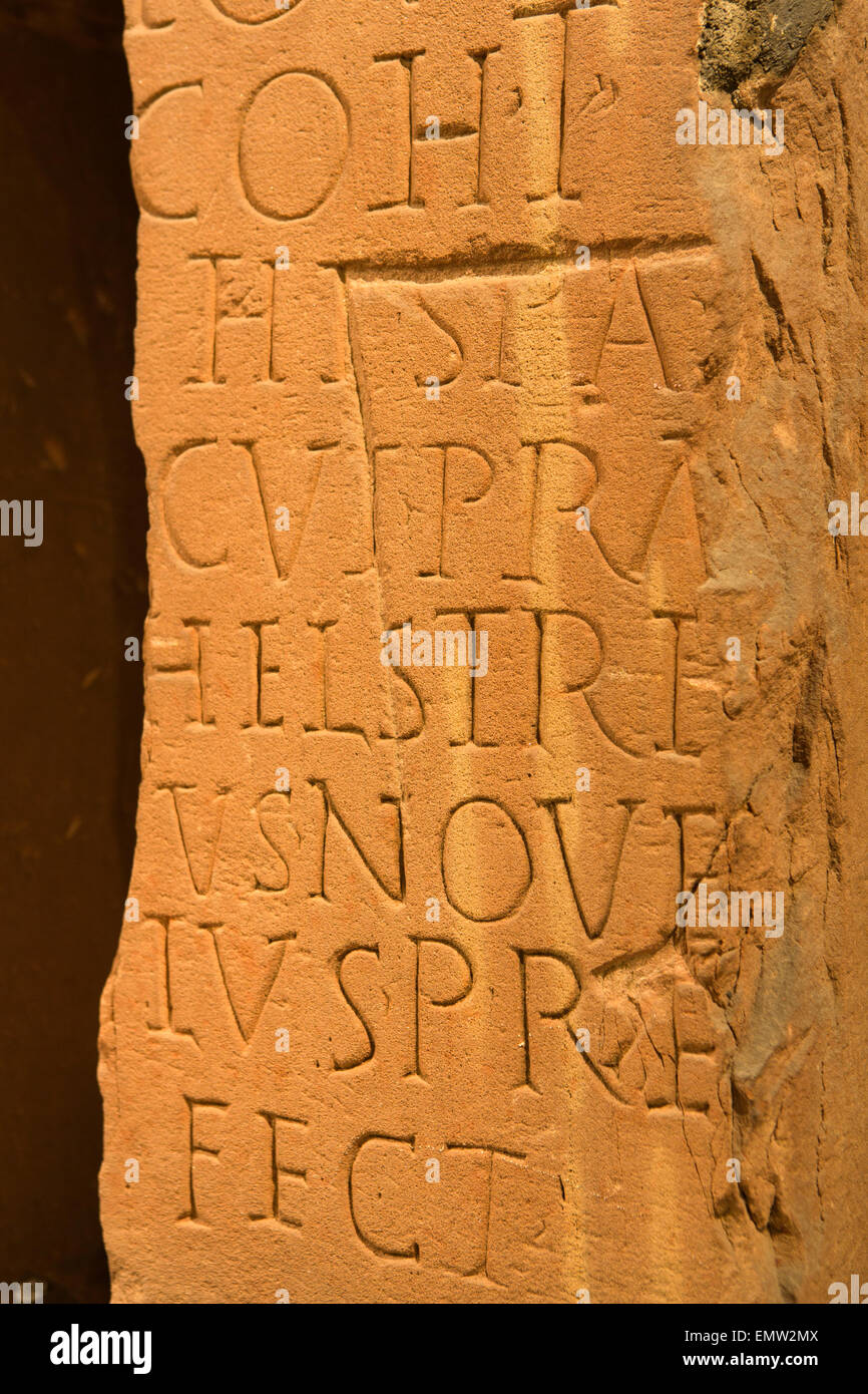 UK, Cumbria, Maryport, Senhouse Roman Museum, inscription on altar discovered on the site Stock Photo