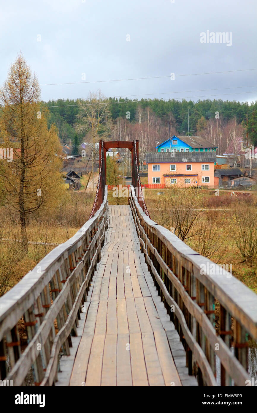 Suspension bridge across the Volga River in the village of Verkhovazhye ...