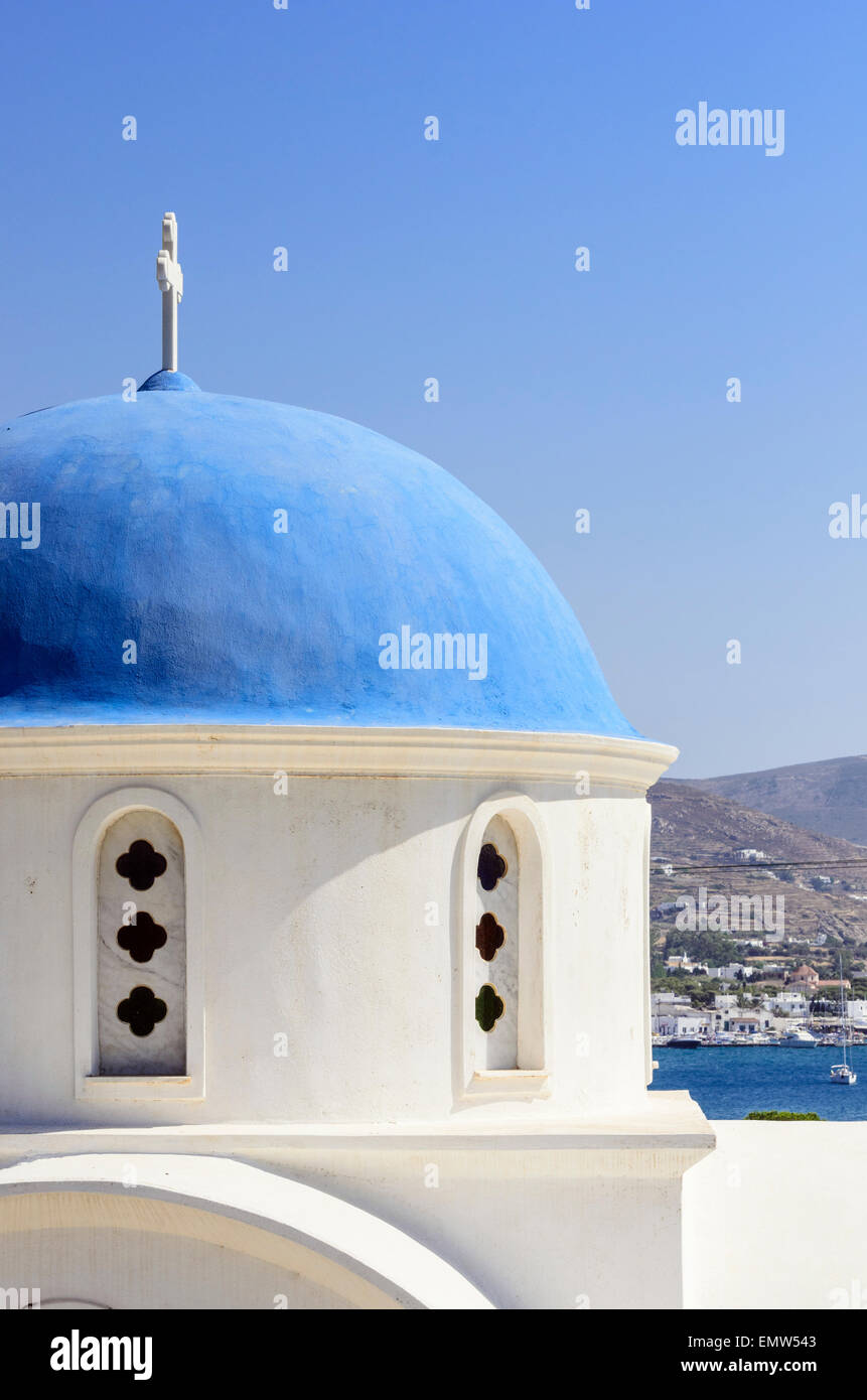 Blue domed Greek white church looking over Parikia Bay, Krotiri, Paros Island, Cyclades, Greece Stock Photo