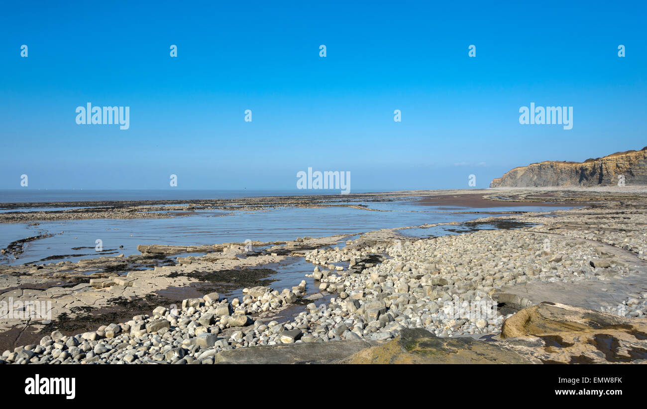 Layers of sedimentary rocks make interesting patterns on the beach and in the cliffs at Kilve in Somerset, England, UK Stock Photo