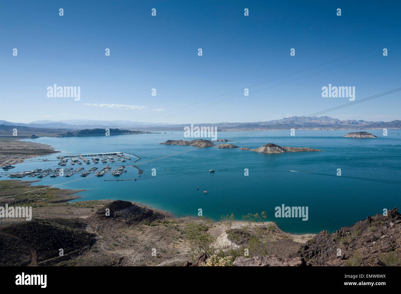 Hoover Dam impounds Lake Mead, the largest reservoir in the United States. Stock Photo