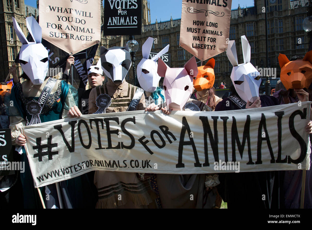 London, UK, 23rd April 2015. Celebrities and campaigners to animal welfare General Election drive. A day of action including a march on Parliament marks the launch of the ‘Votes for Animals’ campaign to highlight the importance of animal welfare issues in the General Election.  The aim of the campaign is to help inform the public on where their local candidates stand on the issue of animal welfare and to take this into consideration when voting. Credit:  Michael Kemp/Alamy Live News Stock Photo