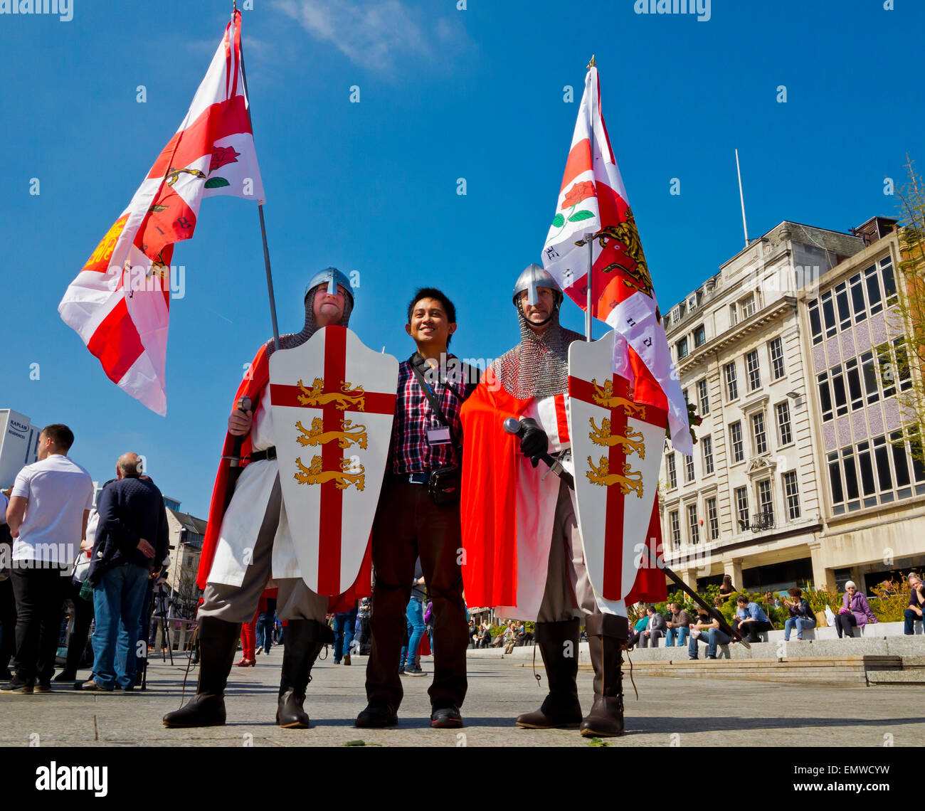 Nottingham, UK. 23rd April, 2015. Nottingham St George's Day Awareness Parade 2015. Patriots marched through the city centre to celebrate England's National Day in an event organised by the Royal Society of St George. Stock Photo