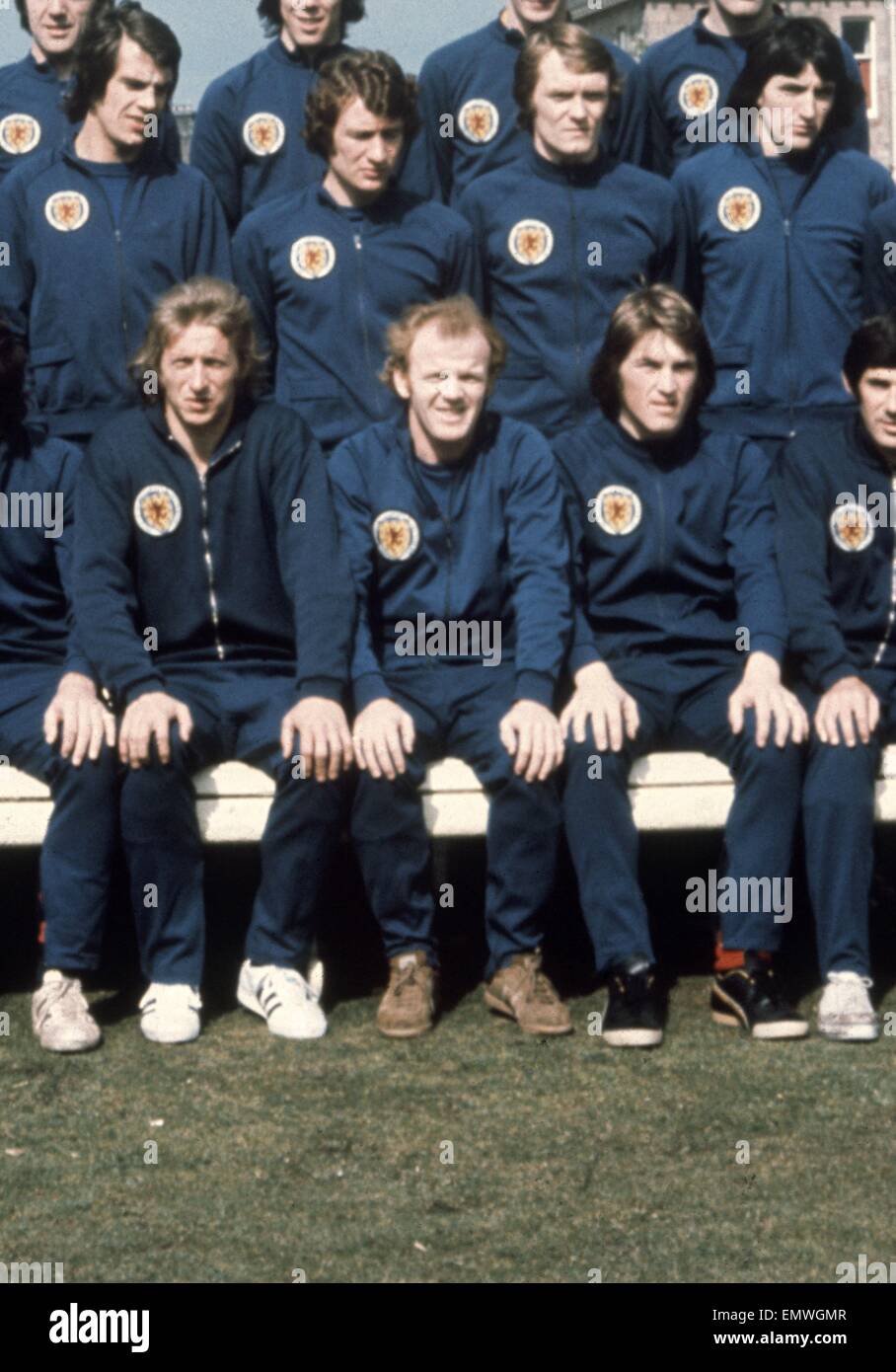 Scottish Football team photo 1974. May 1974. l-r front row: Denis Law, Archie Gemmel and Kenny Dalglish. Stock Photo