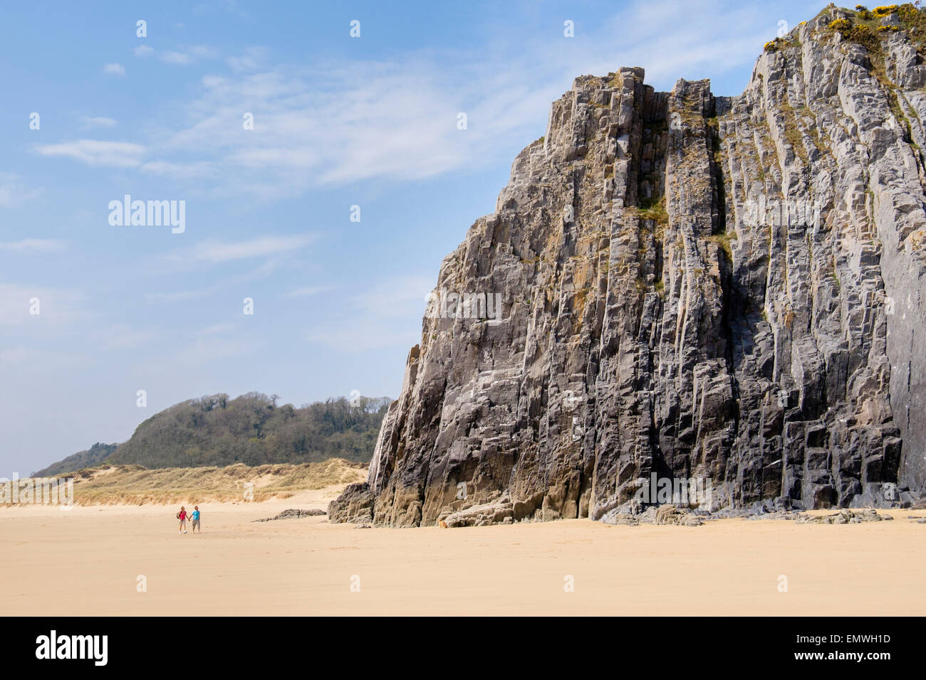 Tor Bay sandy beach (traeth) and limestone rocky headland at low tide in Oxwich Bay on Gower Peninsula Swansea Glamorgan South Wales UK Britain Stock Photo
