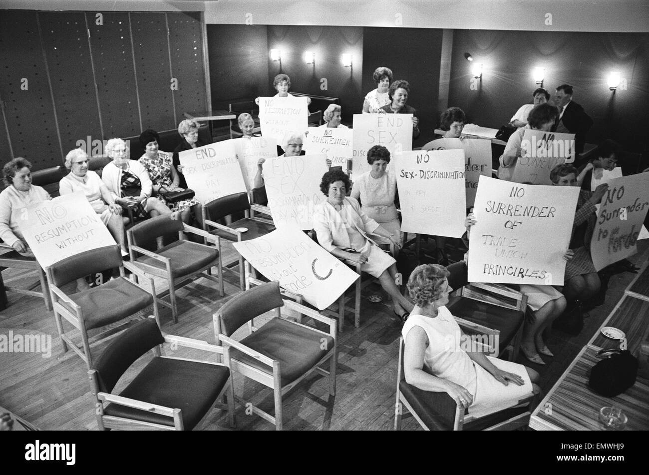 Women sewing machinists at the Ford Motor Company plant in Dagenham took strike action on 7 June, 1968 in support of a claim for regrading, parity with their male colleagues in the C pay grade and recognition of their skills. After strike action of three Stock Photo