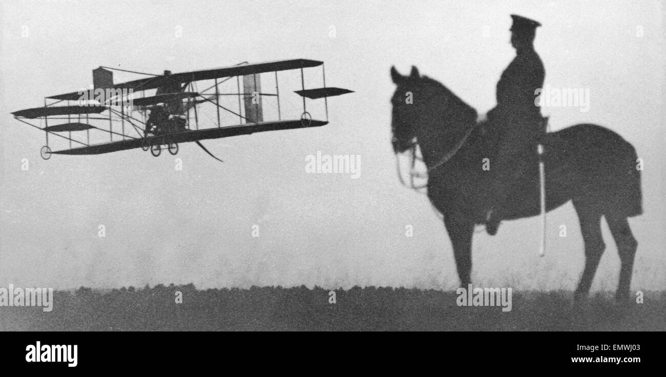 Samuel Franklin Cody seen here with flying with a passenger at Laffan's Plain near Aldershot, during army testing of aircraft and their potential uses. 10th September 1909 Stock Photo