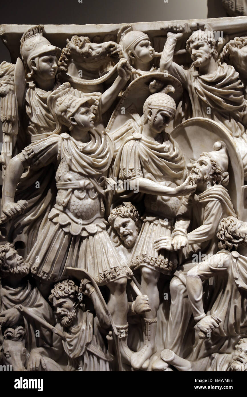 Ludovisi Battle sarcophagus. 3rd century. Roman era. Battle scene between Romans and Goths. National Museum of Rome. Altemps. Stock Photo