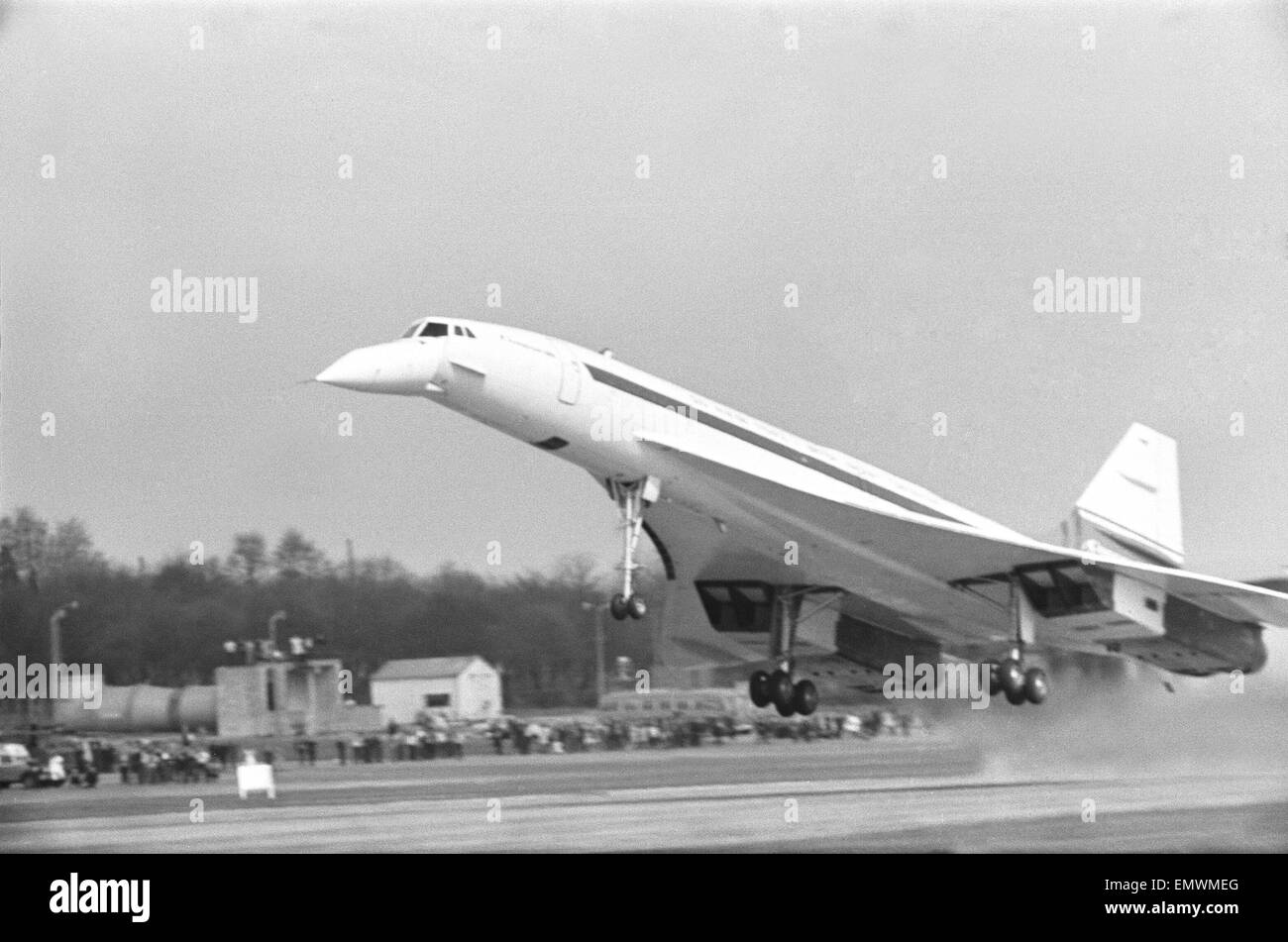 Concorde 002, the British built prototype of the Anglo-French supersonic airliner seen here taking to the skies for the very first time at Filton. The 21 minute maiden flight piloted by chief BAC test pilot Brian Trubshaw concluded with a perfect landing Stock Photo